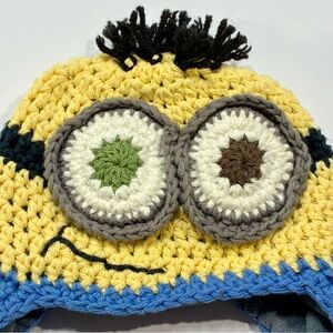Crochet Minion Hat Beanie Blue Yellow Youth Kids With Ear Flaps Fleece Lined